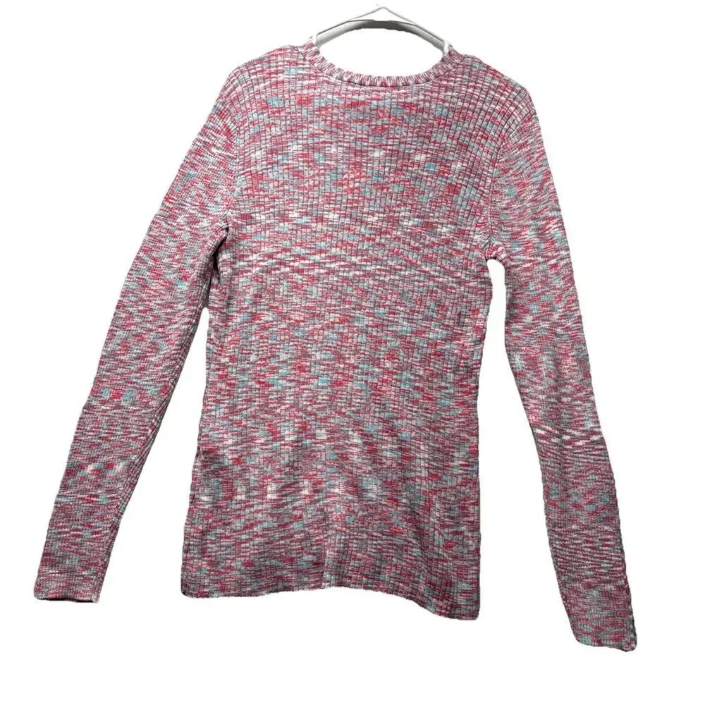 Sundance Sweater Pink Blue Ribbed Spacedye Knit Henley Women's Size XL Stretch